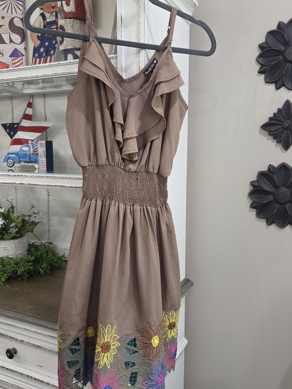 Double Zero Taupe Brown Ruffle Sunflower Embroidered Dress